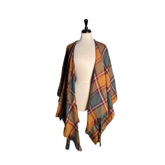 David And Young Plaid Pattern Belted Waist Fringe Open Front Poncho Tie Waist - Picture 3 of 6